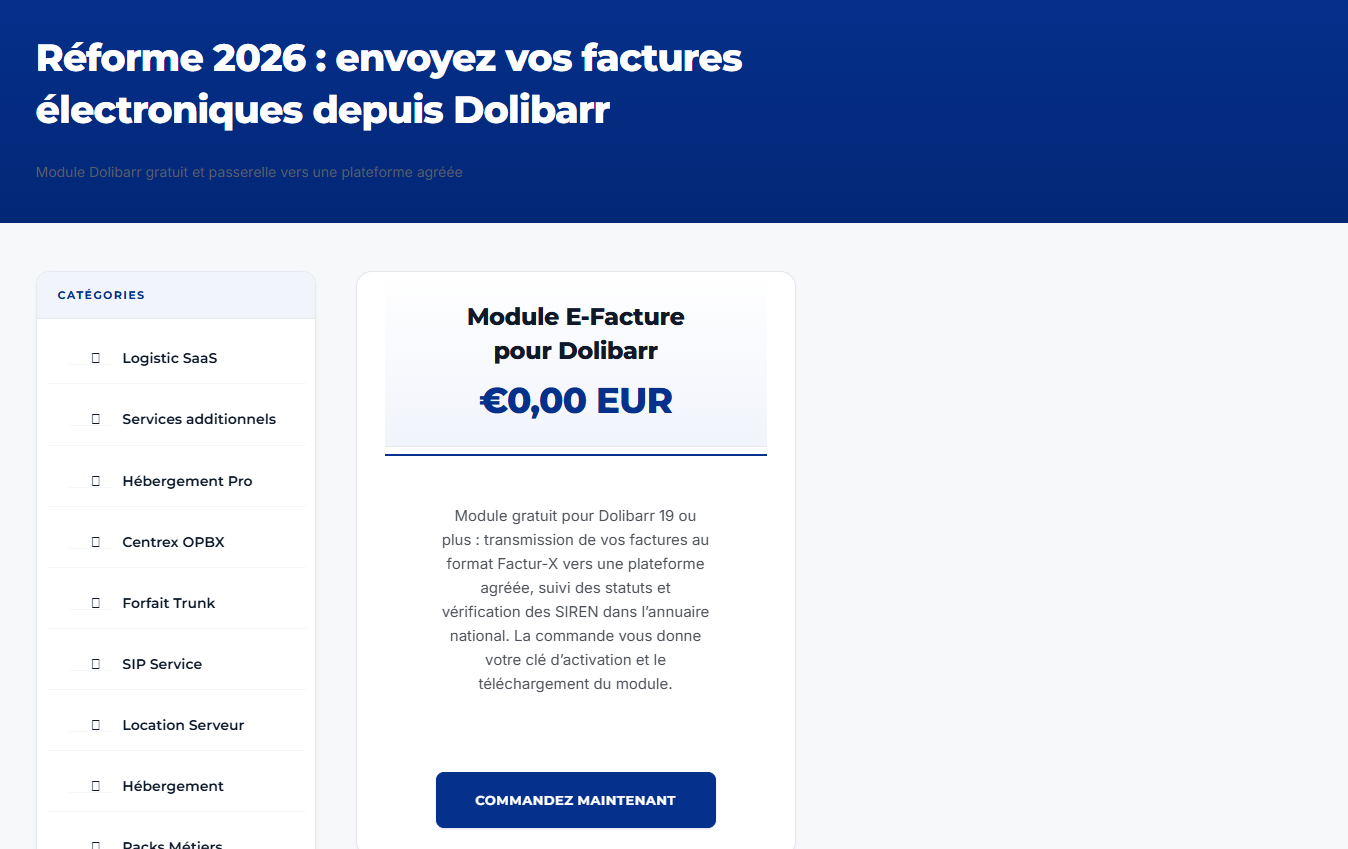 Page de commande du module gratuit