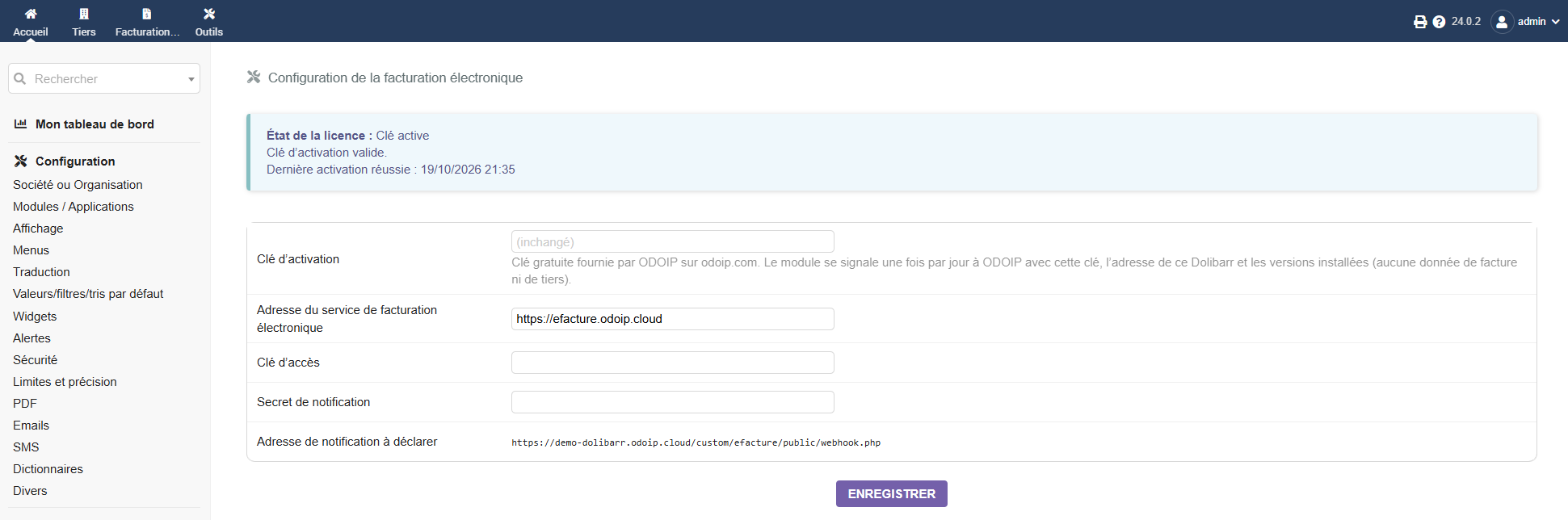 Page de configuration du module E-Facture