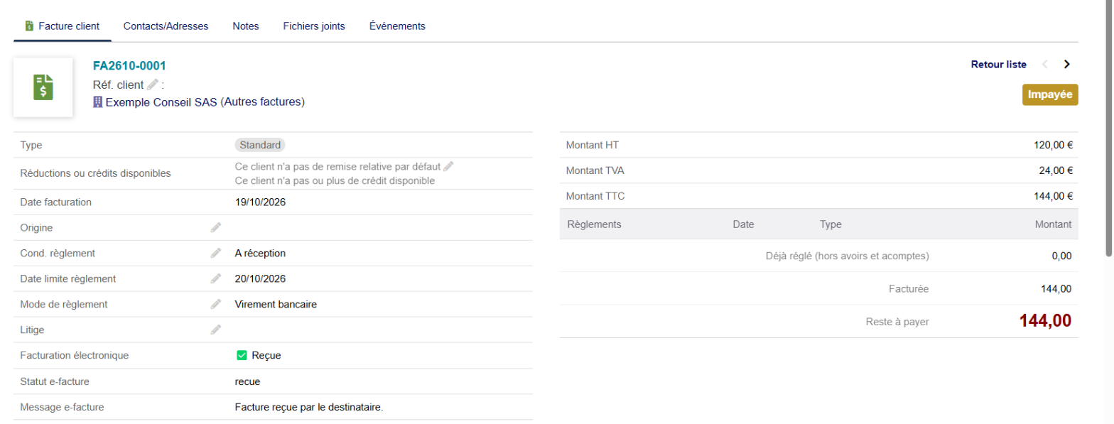 Statut e-facture sur la fiche d’une facture