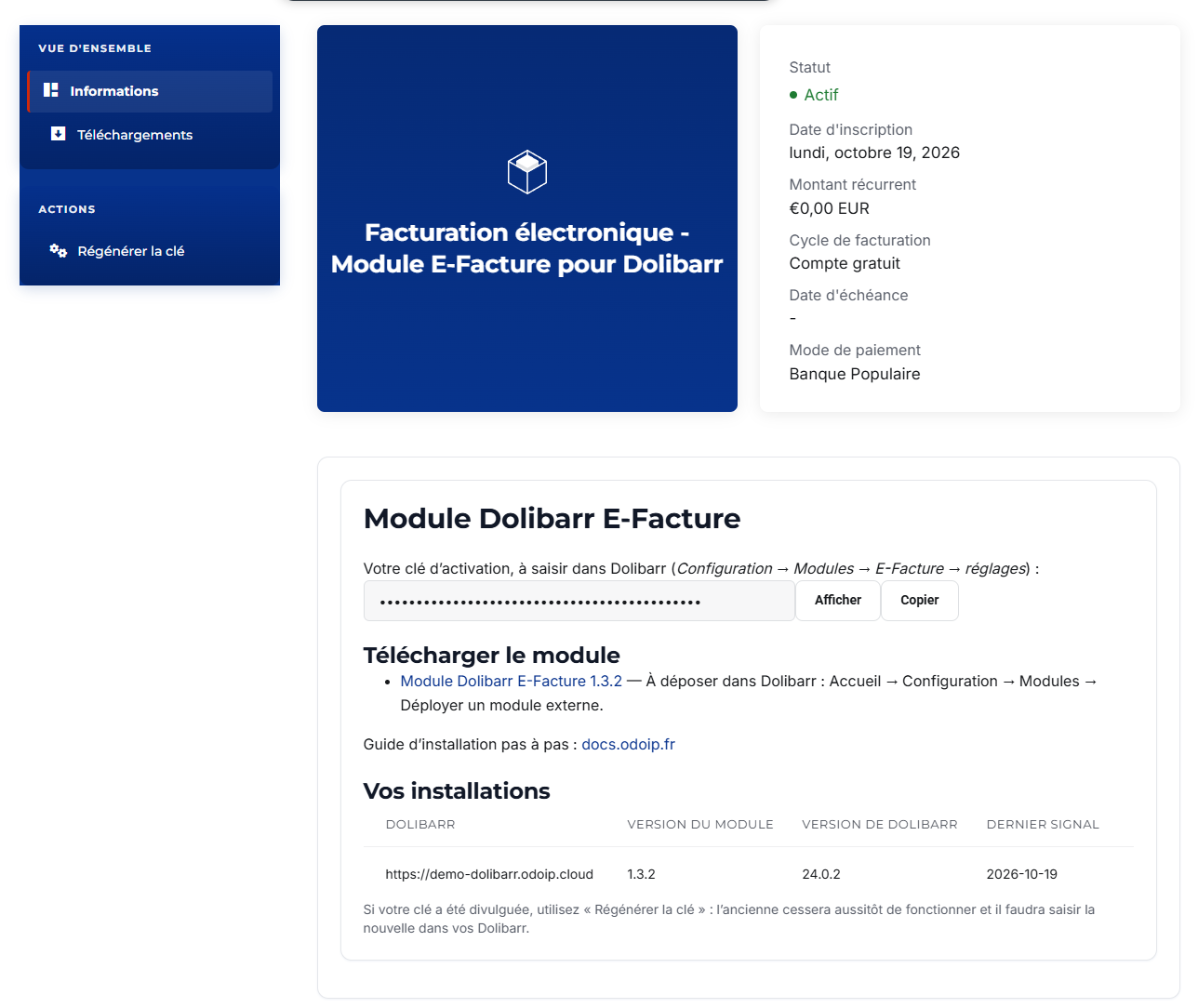 Clé d’activation et téléchargement dans l’espace client