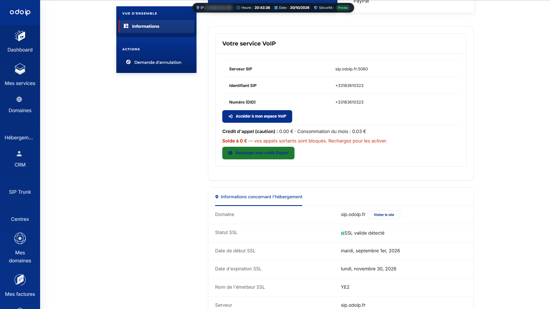 Rubrique Votre service VoIP