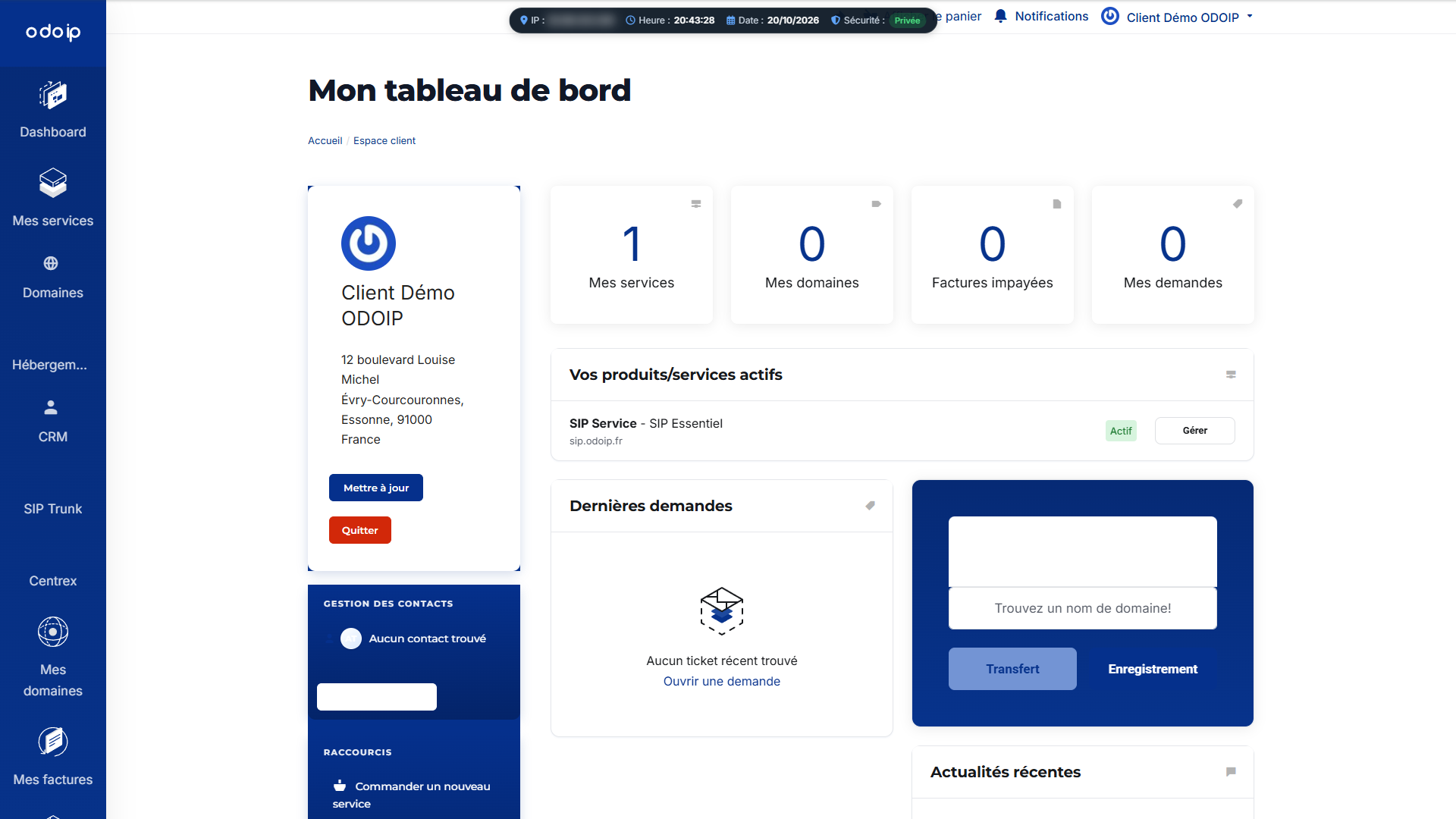 Tableau de bord de l’espace client odoip.com