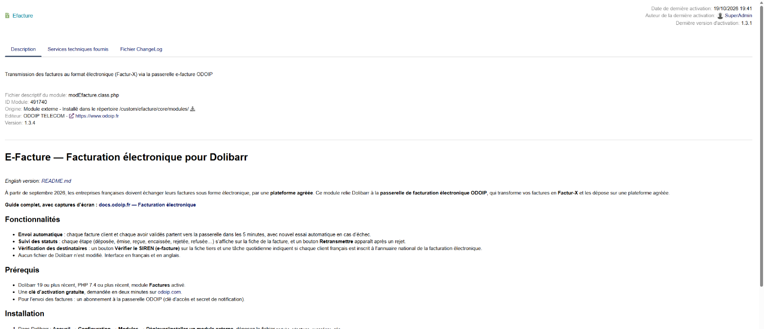 Fiche d’information du module dans Dolibarr