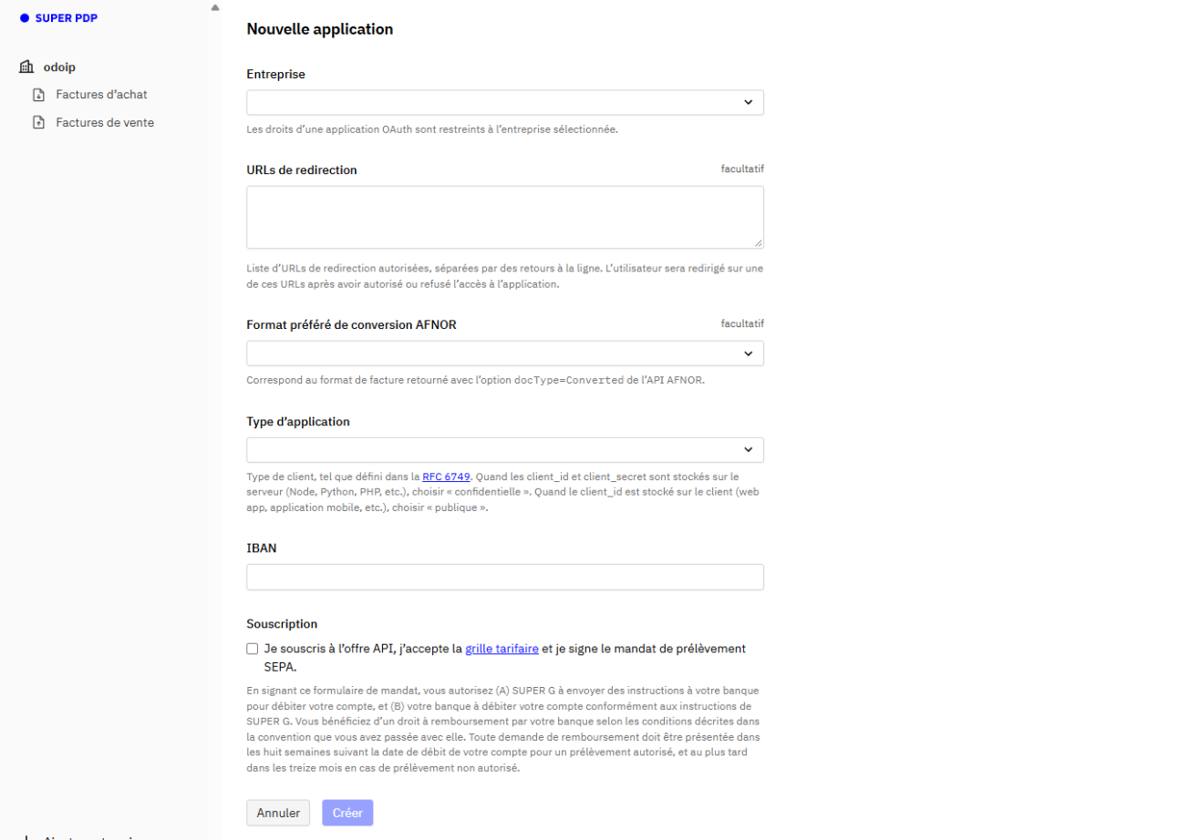 Formulaire de création d’une application de production